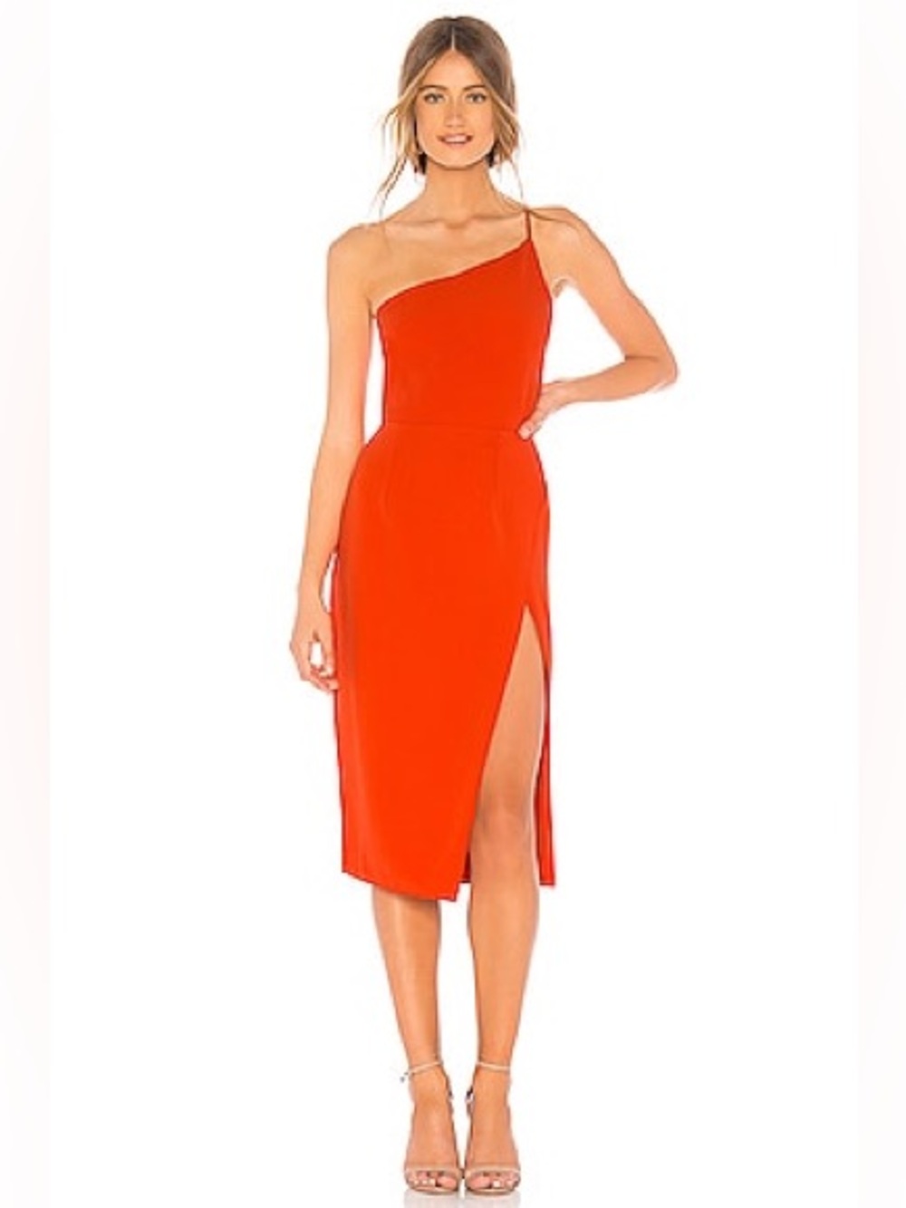 Lovers + Friends One-Shoulder Orange-Red Midi Dress with Side Slit